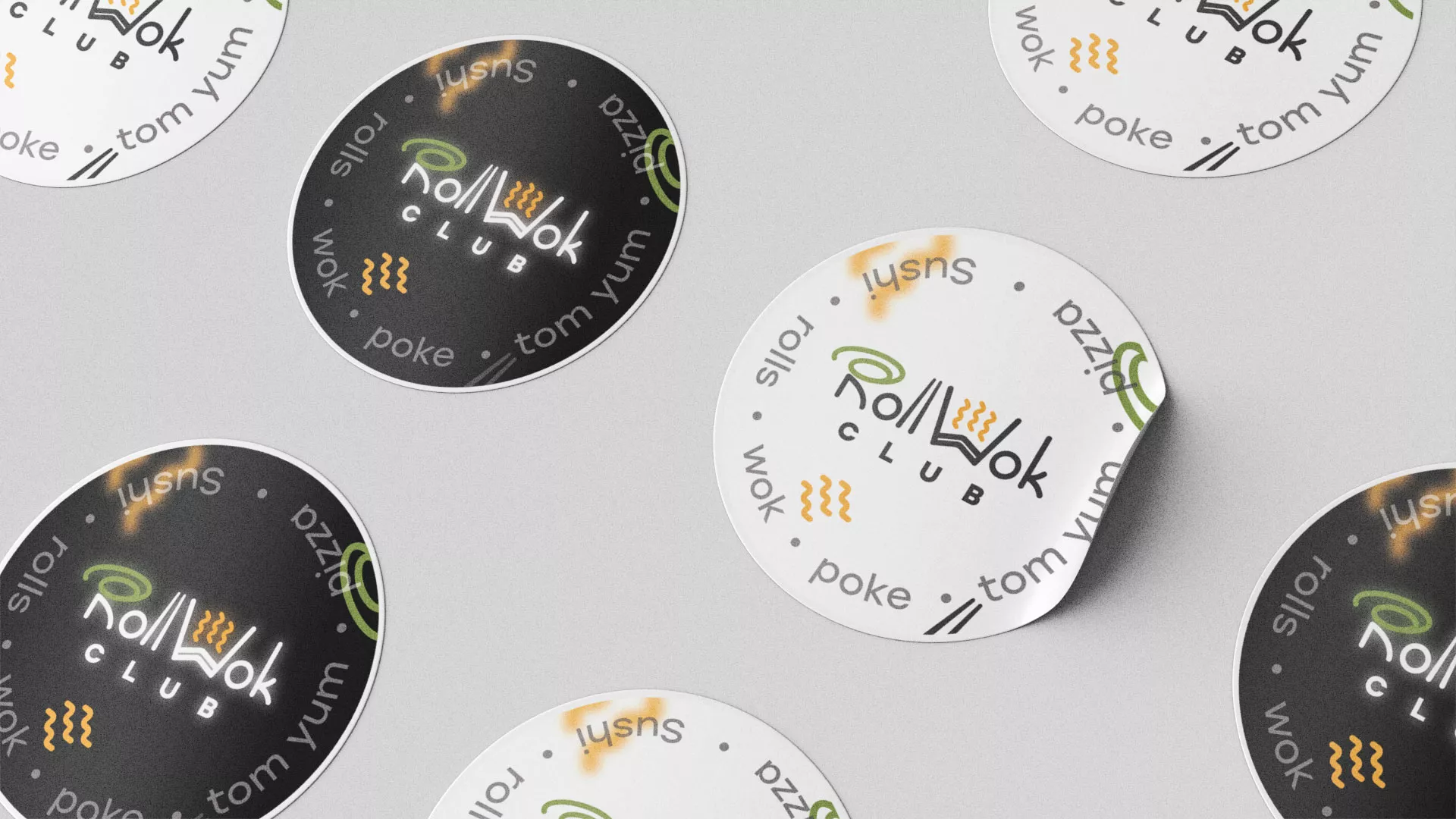 Разработка дизайна наклеек для суши-бара «Roll Wok Club» в Любани